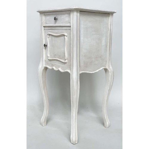 198 - BEDSIDE TABLES, a pair, French Louis XV style traditionally grey painted, each with frieze drawer an... 