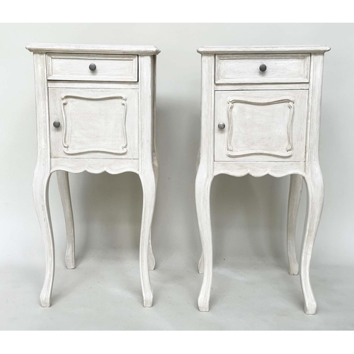 198 - BEDSIDE TABLES, a pair, French Louis XV style traditionally grey painted, each with frieze drawer an... 