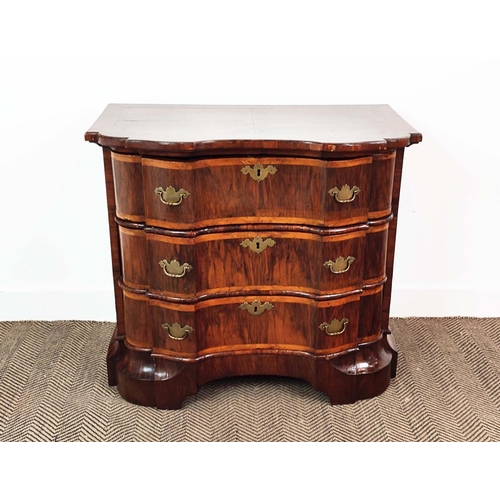 293 - COMMODE, 18th century Italian walnut and banded with three shaped drawers, 88cm x 52cm x 80cm H.