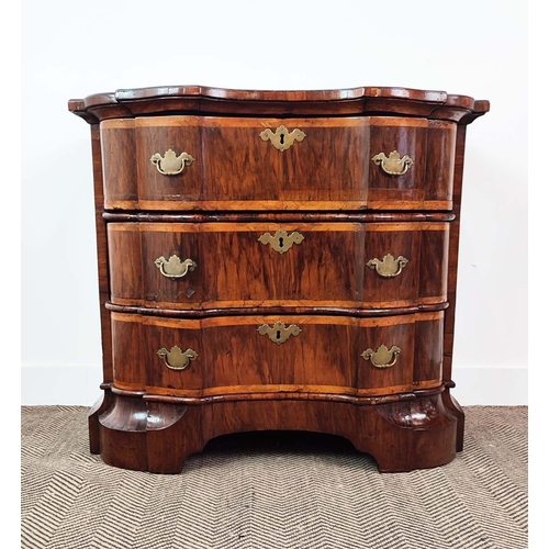 293 - COMMODE, 18th century Italian walnut and banded with three shaped drawers, 88cm x 52cm x 80cm H.