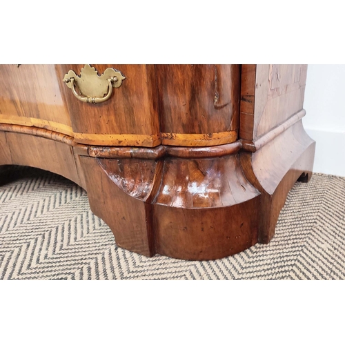 293 - COMMODE, 18th century Italian walnut and banded with three shaped drawers, 88cm x 52cm x 80cm H.