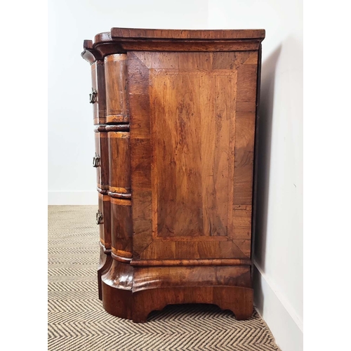 293 - COMMODE, 18th century Italian walnut and banded with three shaped drawers, 88cm x 52cm x 80cm H.