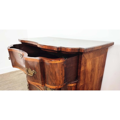 293 - COMMODE, 18th century Italian walnut and banded with three shaped drawers, 88cm x 52cm x 80cm H.