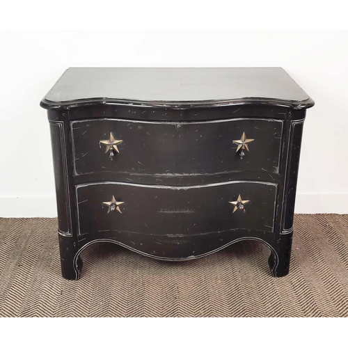 294 - GRANGE COMMODE, of serpentine form with two drawers with star detail handles, ebonised with distress... 