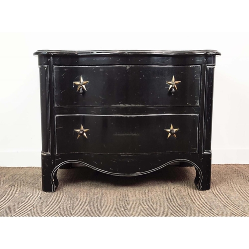 294 - GRANGE COMMODE, of serpentine form with two drawers with star detail handles, ebonised with distress... 