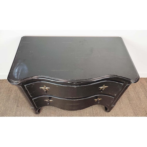 294 - GRANGE COMMODE, of serpentine form with two drawers with star detail handles, ebonised with distress... 