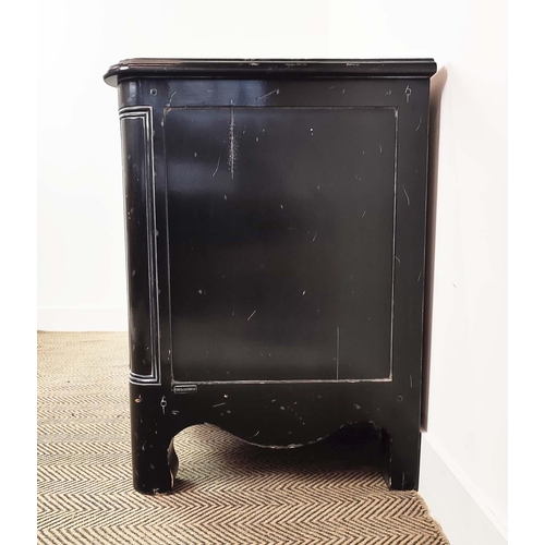 294 - GRANGE COMMODE, of serpentine form with two drawers with star detail handles, ebonised with distress... 