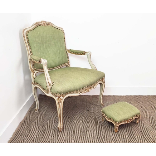 298 - FAUTEUIL, 19th century French cream painted and giltwood with green upholstery, chair 71cm x 100cm H... 