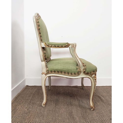 298 - FAUTEUIL, 19th century French cream painted and giltwood with green upholstery, chair 71cm x 100cm H... 