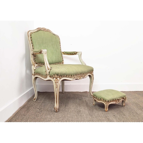 298 - FAUTEUIL, 19th century French cream painted and giltwood with green upholstery, chair 71cm x 100cm H... 