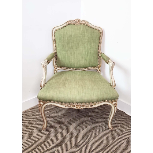 298 - FAUTEUIL, 19th century French cream painted and giltwood with green upholstery, chair 71cm x 100cm H... 