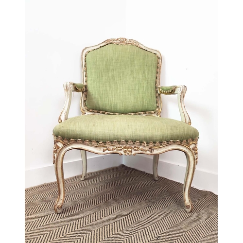 298 - FAUTEUIL, 19th century French cream painted and giltwood with green upholstery, chair 71cm x 100cm H... 