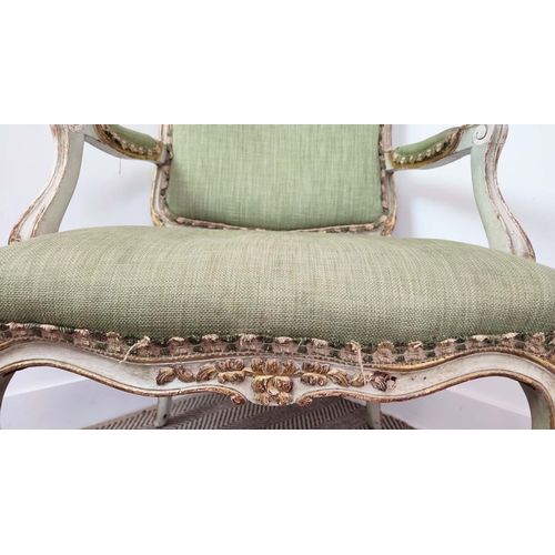 298 - FAUTEUIL, 19th century French cream painted and giltwood with green upholstery, chair 71cm x 100cm H... 