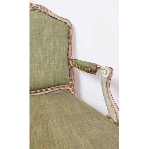 298 - FAUTEUIL, 19th century French cream painted and giltwood with green upholstery, chair 71cm x 100cm H... 