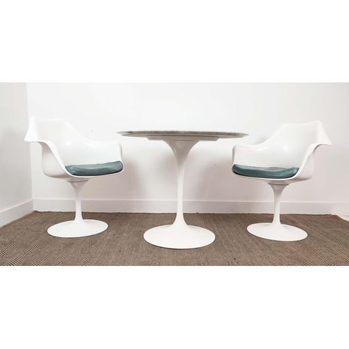 322 - AFTER EERO SAARINEN TULIP STYLE TABLE AND TWO TULIP STYLE ARMCHAIRS, table 90cm x 73cm, chairs 83cm ... 