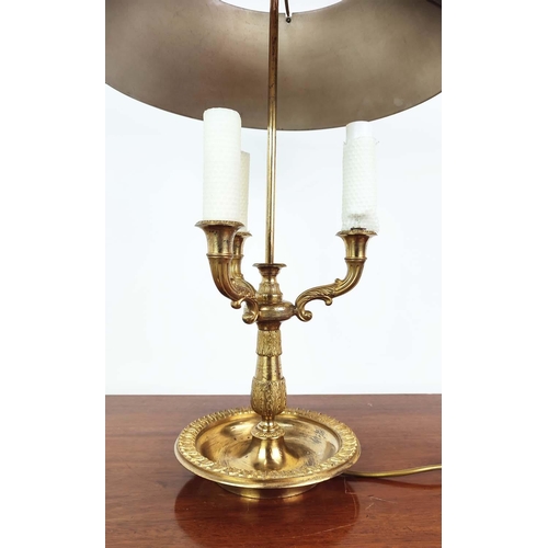 337 - ATTRIBUTED TO VAUGHAN BOUILLOTTE LAMP, gilt metal with a metal shade, approx 76cm H overall.