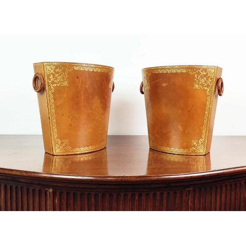 338 - ASPREY WASTE PAPER BINS, a pair, brown leather with gilt detail, each 30cm H x 30cm x 22cm, stamped ... 