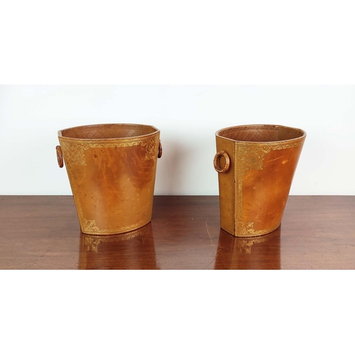 338 - ASPREY WASTE PAPER BINS, a pair, brown leather with gilt detail, each 30cm H x 30cm x 22cm, stamped ... 