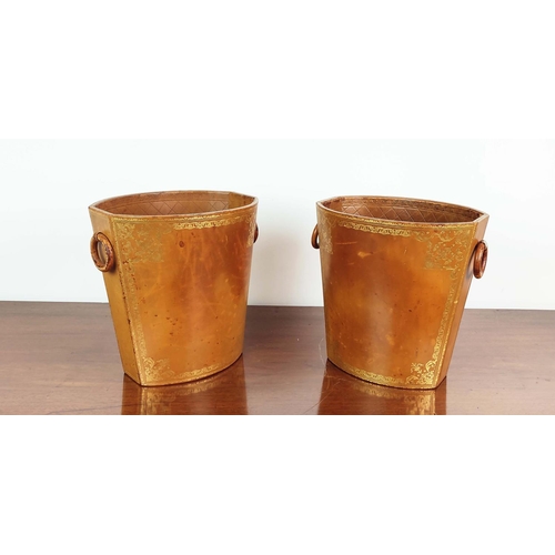 338 - ASPREY WASTE PAPER BINS, a pair, brown leather with gilt detail, each 30cm H x 30cm x 22cm, stamped ... 