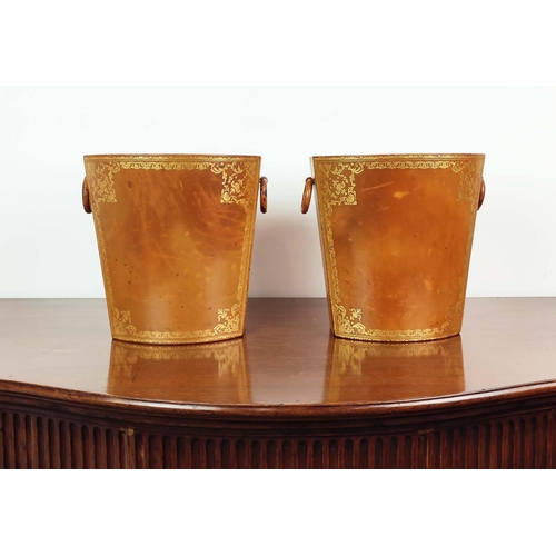 338 - ASPREY WASTE PAPER BINS, a pair, brown leather with gilt detail, each 30cm H x 30cm x 22cm, stamped ... 