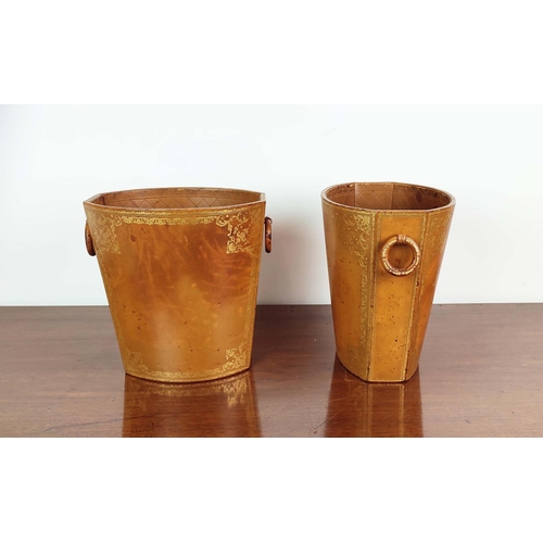 338 - ASPREY WASTE PAPER BINS, a pair, brown leather with gilt detail, each 30cm H x 30cm x 22cm, stamped ... 