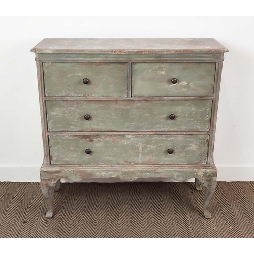 346 - OKA CHEST, of narrow proportions in a distressed green finish, 100cm x 35cm x 102cm H.