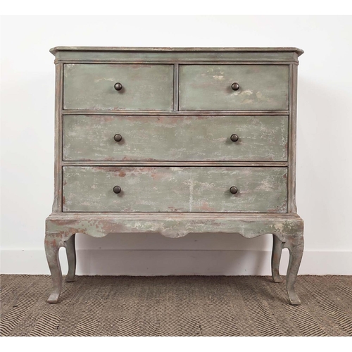 346 - OKA CHEST, of narrow proportions in a distressed green finish, 100cm x 35cm x 102cm H.