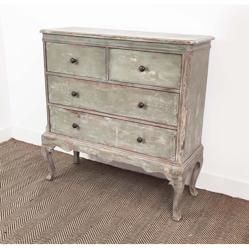 346 - OKA CHEST, of narrow proportions in a distressed green finish, 100cm x 35cm x 102cm H.