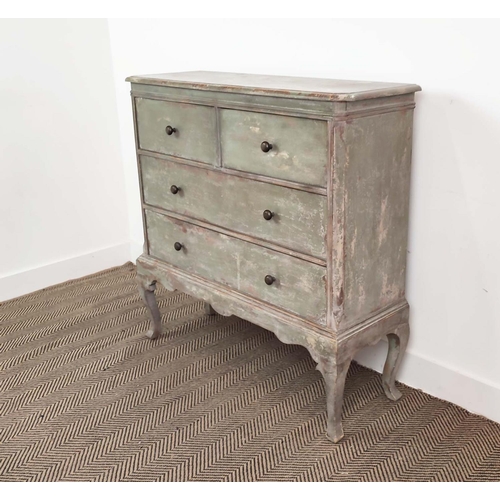 346 - OKA CHEST, of narrow proportions in a distressed green finish, 100cm x 35cm x 102cm H.