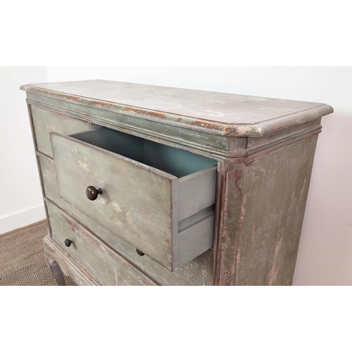 346 - OKA CHEST, of narrow proportions in a distressed green finish, 100cm x 35cm x 102cm H.