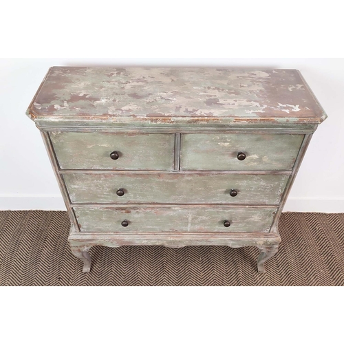 346 - OKA CHEST, of narrow proportions in a distressed green finish, 100cm x 35cm x 102cm H.