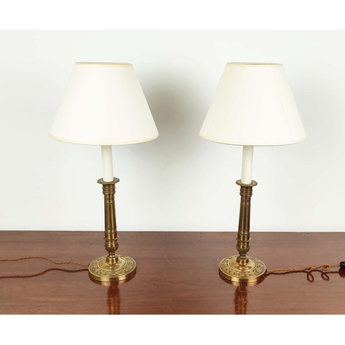 347 - TABLE LAMPS, a pair, attributed to Vaughan, brass candlestick style, each 55cm H including shades. (... 