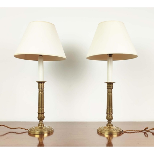 347 - TABLE LAMPS, a pair, attributed to Vaughan, brass candlestick style, each 55cm H including shades. (... 