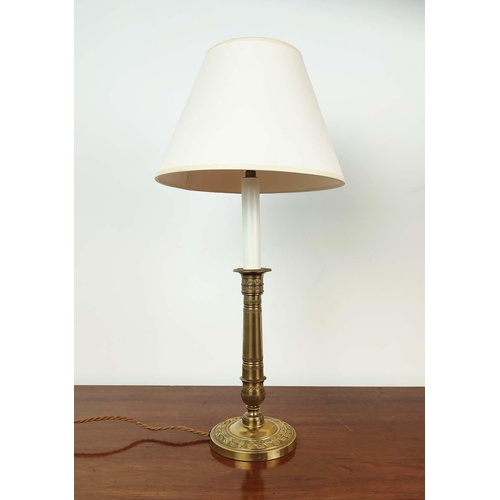 347 - TABLE LAMPS, a pair, attributed to Vaughan, brass candlestick style, each 55cm H including shades. (... 