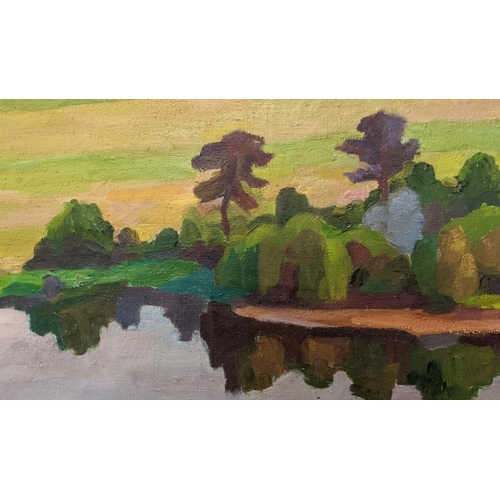 53 - VIKTOR TEMPLIN (1920-1994), 'River landscape', 1960's, oil on canvas, 64cm x 183cm.