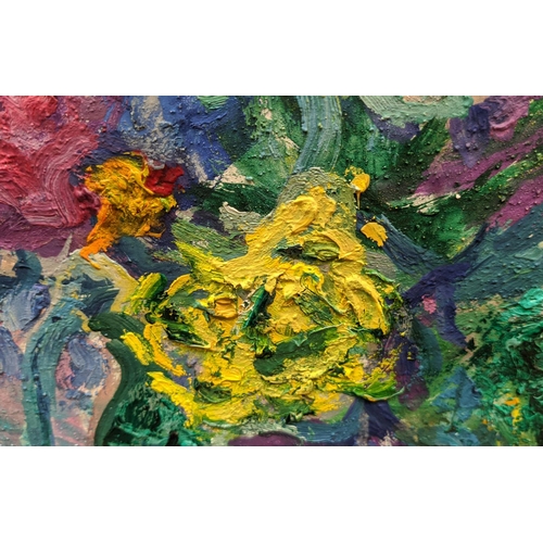 57 - NINA LUGOVSKAYA (1918-1993), 'Flowers in a green jug', 1965, oil on board, 70cm x 62cm.