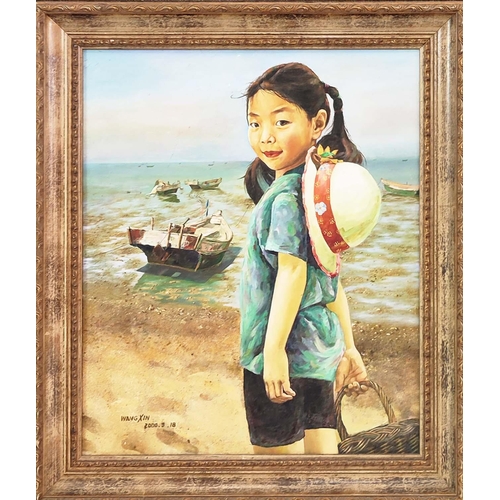 88 - WANG XIN, Child on a beach, oil on canvas, 59cm x 50cm, signed and dated, framed.