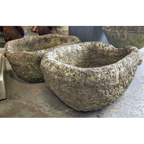 344 - PLANTERS, a pair, composite stone, 47cm L x 38cm W x 19cm H approx. at largest. (2)