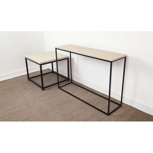 355 - CONSOLE AND SIDE TABLE, steel frame design, 120cm x 35cm x 25cm at largest. (2)