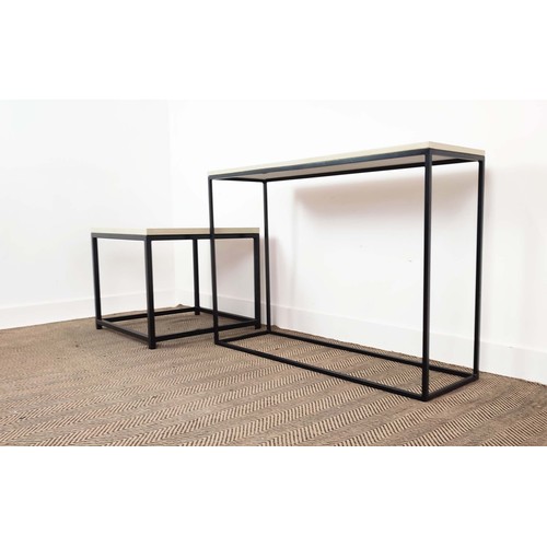 355 - CONSOLE AND SIDE TABLE, steel frame design, 120cm x 35cm x 25cm at largest. (2)