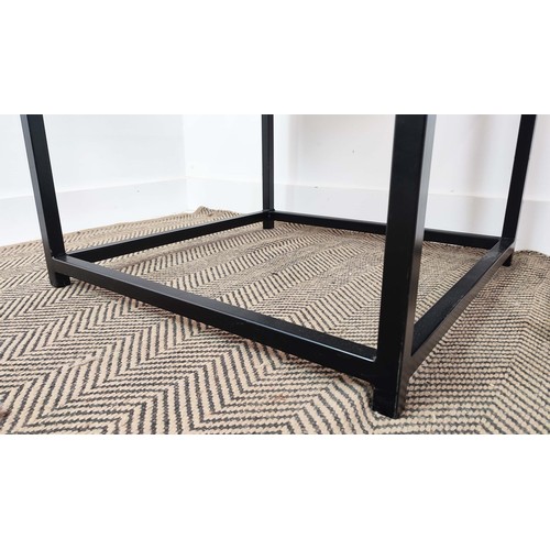 355 - CONSOLE AND SIDE TABLE, steel frame design, 120cm x 35cm x 25cm at largest. (2)