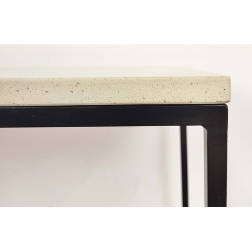 355 - CONSOLE AND SIDE TABLE, steel frame design, 120cm x 35cm x 25cm at largest. (2)