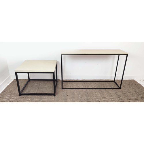 355 - CONSOLE AND SIDE TABLE, steel frame design, 120cm x 35cm x 25cm at largest. (2)