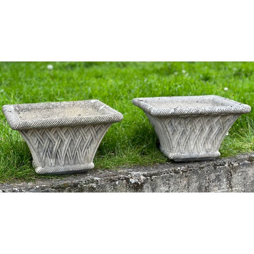 328 - GARDEN PLANTERS, a pair, well weathered reconstituted stone square tapering with basket weave sides,... 