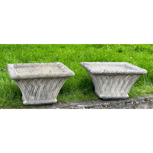 328 - GARDEN PLANTERS, a pair, well weathered reconstituted stone square tapering with basket weave sides,... 