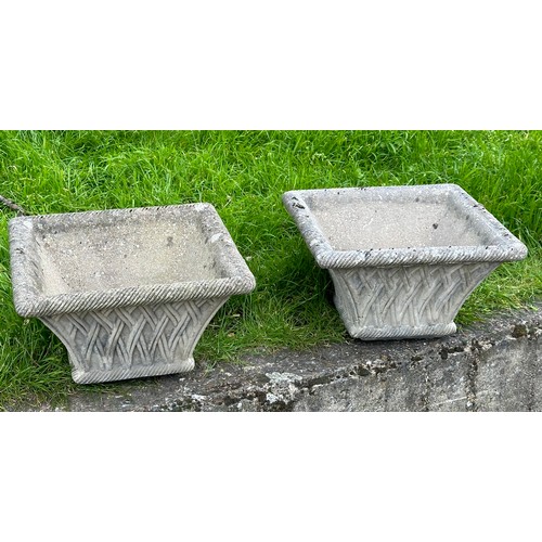 328 - GARDEN PLANTERS, a pair, well weathered reconstituted stone square tapering with basket weave sides,... 