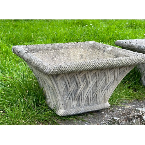 328 - GARDEN PLANTERS, a pair, well weathered reconstituted stone square tapering with basket weave sides,... 