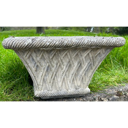 328 - GARDEN PLANTERS, a pair, well weathered reconstituted stone square tapering with basket weave sides,... 