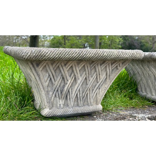 328 - GARDEN PLANTERS, a pair, well weathered reconstituted stone square tapering with basket weave sides,... 