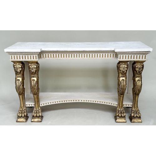 153 - CONSOLE TABLE, Regency style grey painted and parcel gilt with indented carrara marble supported by ... 